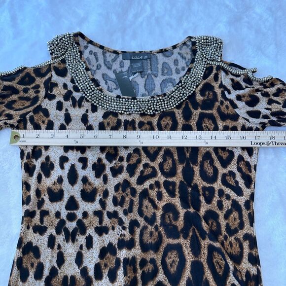 Cheetah Print Cold Shoulder Blouse Womens Large Lola B Silver Beaded Top‎ New - Picture 11 of 12